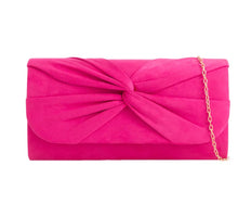 Load image into Gallery viewer, Cerise Pink Ruched Knot Suede Clutch Bag

