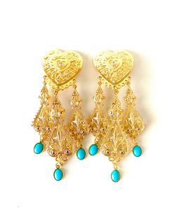 Clip On Vintage Gold Heart Drop Earrings