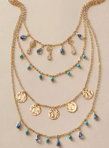Gold Boho Disc and Blue Jewel Layered Necklace Set