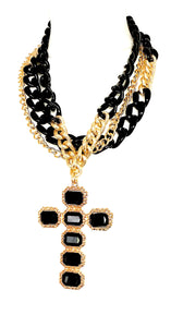 Chunky Black and Gold Layered Chain and Cross Statement Necklace