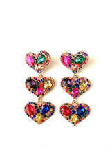 Load image into Gallery viewer, Multi Coloured Jewelled Heart Statement Earrings
