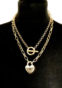 Gold Heart Lock Layered Chain Necklace