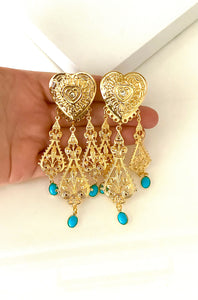 Clip On Vintage Gold Heart Drop Earrings