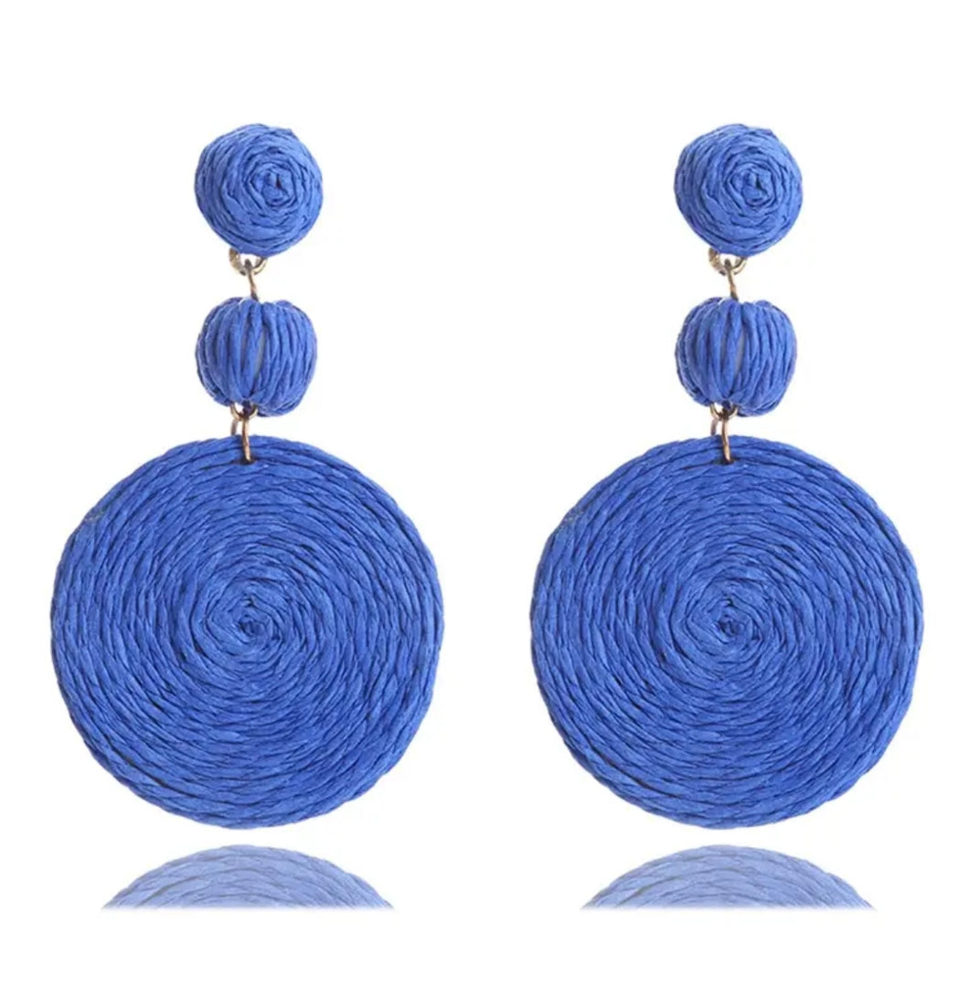 Blue Rattan Disc Earrings