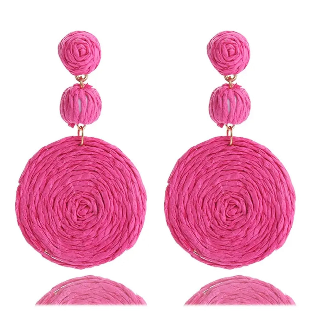 Pink Rattan Disc Earrings