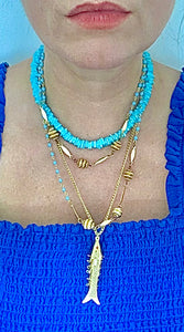 Layered Turquoise Shell and Fish Charm Necklace