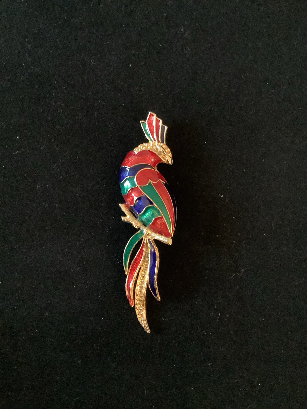 Vintage Red, Blue and Green Enamel Bird of Paradise Brooch