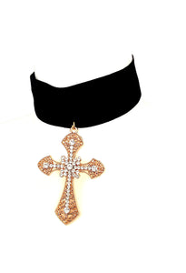 Black Velvet and Gold Cross Choker Necklace
