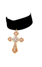Load image into Gallery viewer, Black Velvet and Gold Cross Choker Necklace
