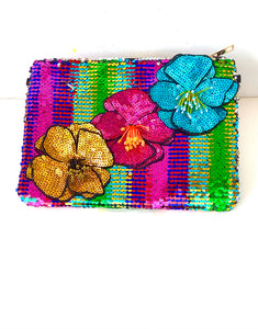Rainbow Floral Sequin Clutch Bag