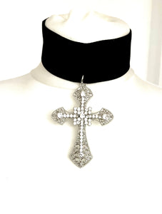 Black Velvet and Silver Crystal Cross Choker Necklace