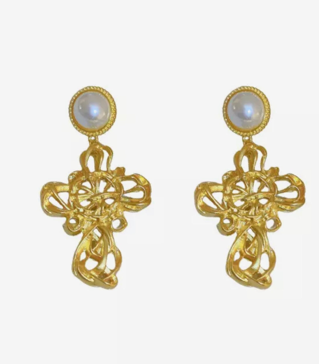 Gold and Pearl Baroque Style Cross Earrings