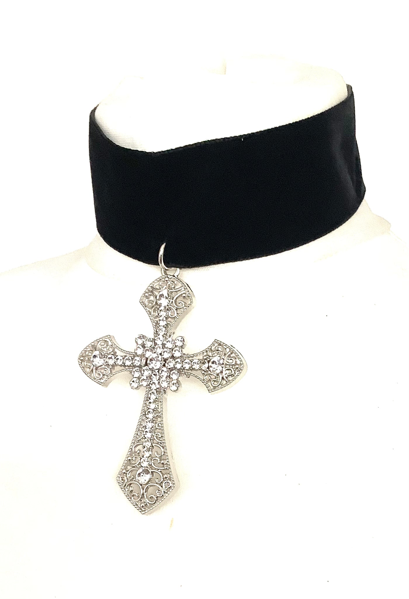 Black Velvet and Silver Crystal Cross Choker Necklace – Olivia Divine Black Velvet and Silver Crystal Cross Choker Necklace – Olivia Divine
