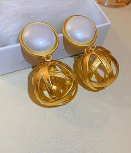Big Pearl and Gold Bauble Statement Earrings