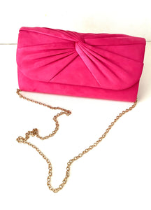 Cerise Pink Ruched Knot Suede Clutch Bag