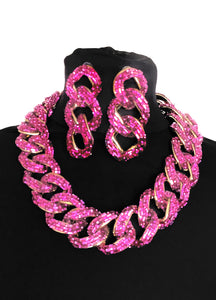 Pink Jewelled Chain Necklace and Earrings Set