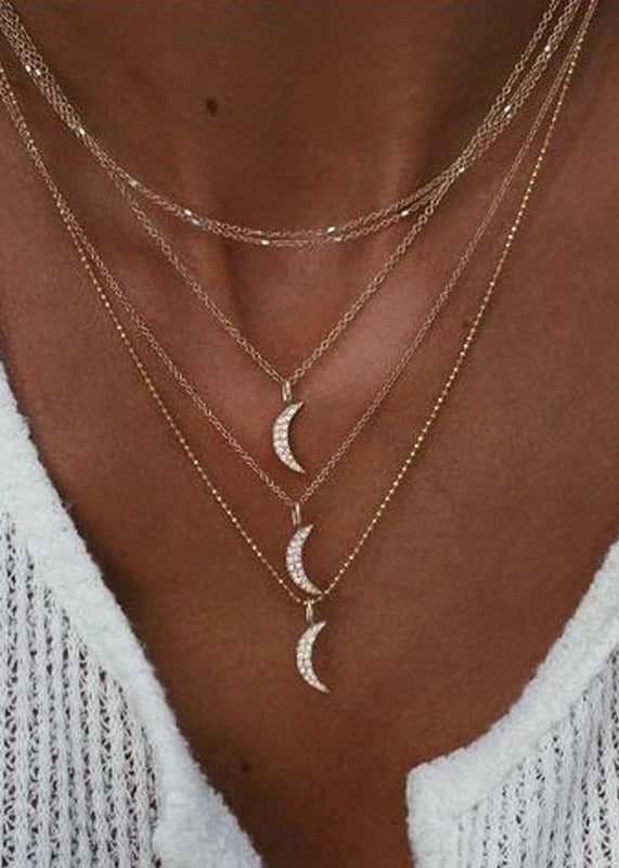 Gold Crystal Half Moon Layered Necklace