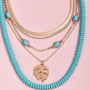 Layered Turquoise  Bead and Gold Leaf Necklace Set