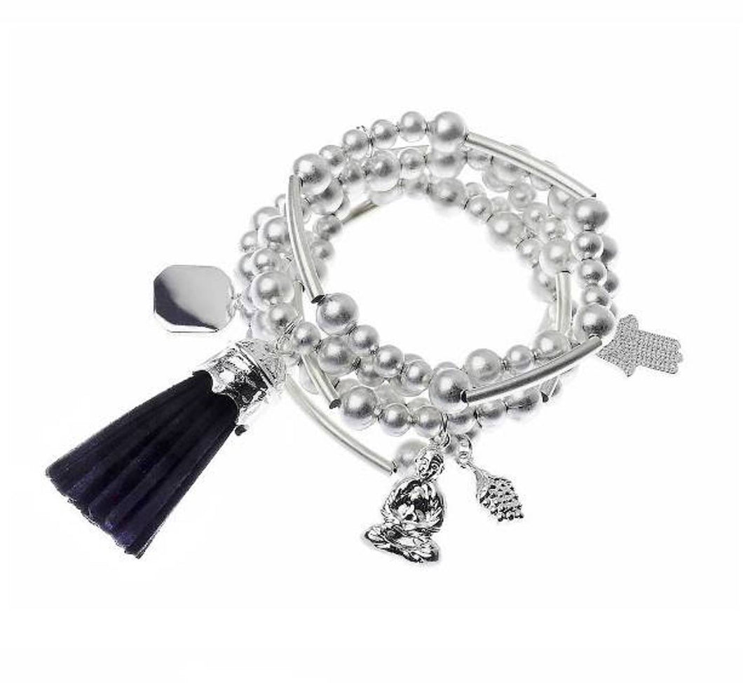 Silver Stretch Charm Tassel Bracelet Set